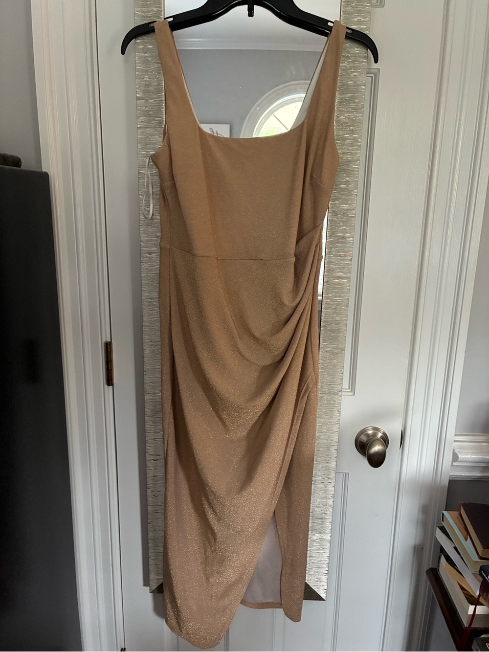 HALARA Shimmery Tan Draped Midi Dress size large
